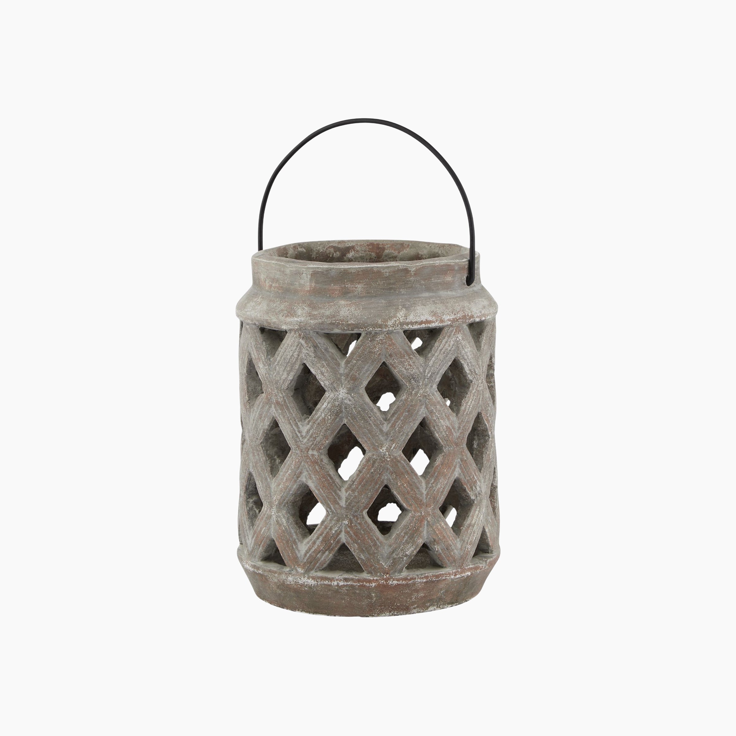 Front view of Lowther brown stone lattice lantern with terracotta-brown finish and diamond-pattern cut-outs