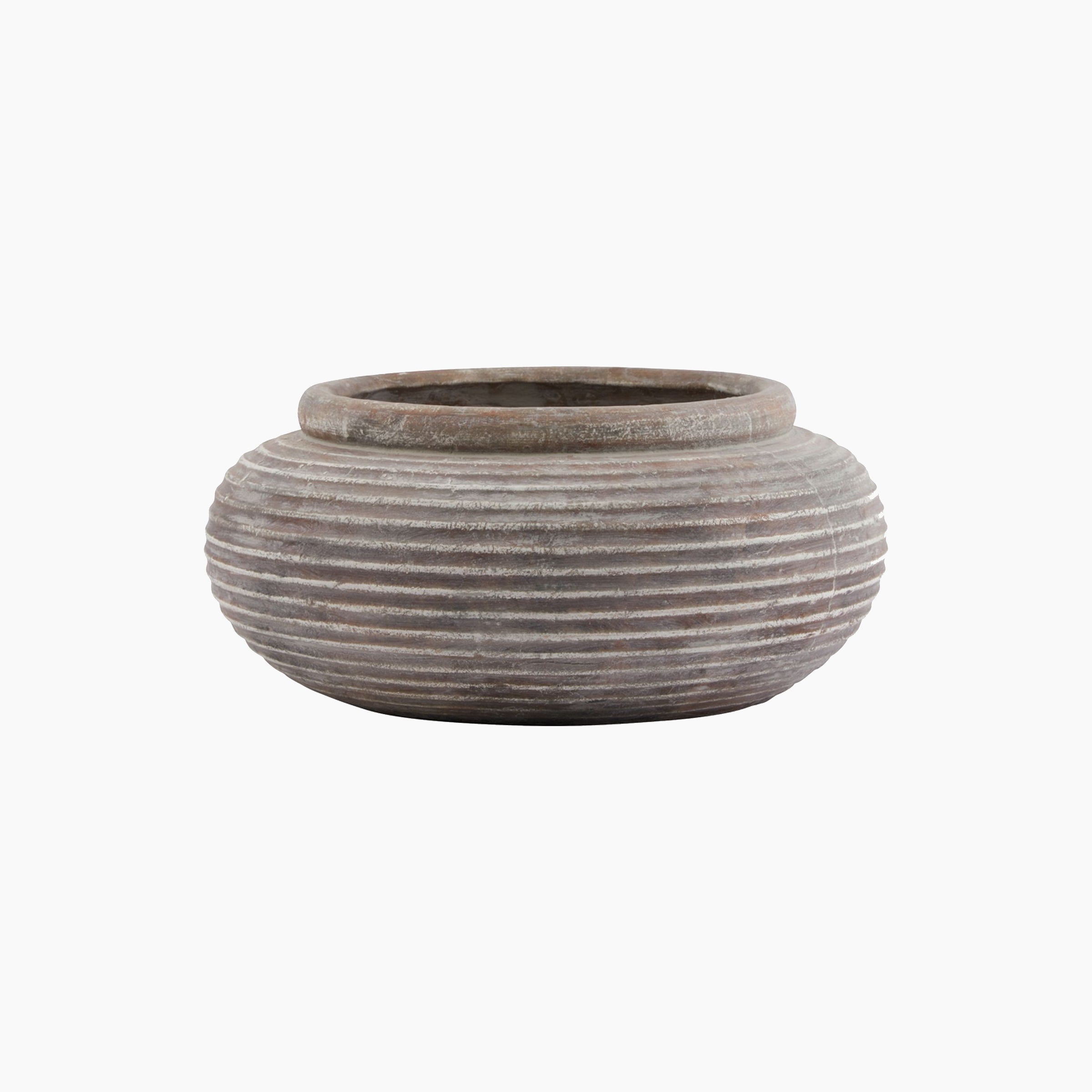 Front view of the Lowther Ribbed Stoneware Bowl Planter in weathered clay with a fluted surface and wide, low-profile shape. Studio-style on neutral background.