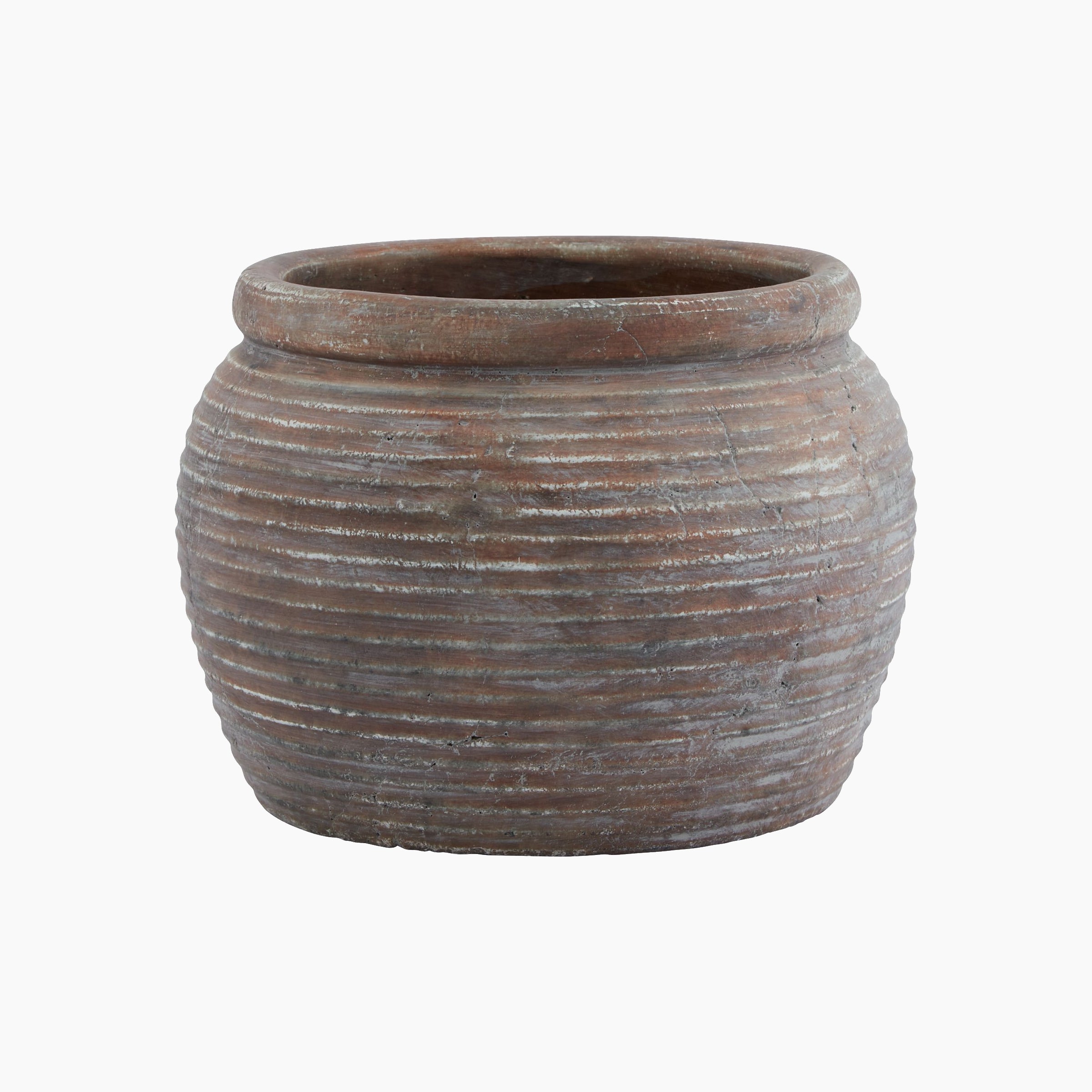 Front-facing view of the Lowther Ribbed Stoneware Plant Pot – Wide Rim in weathered brown finish, showing textured ribbing and wide-lipped rim design.
