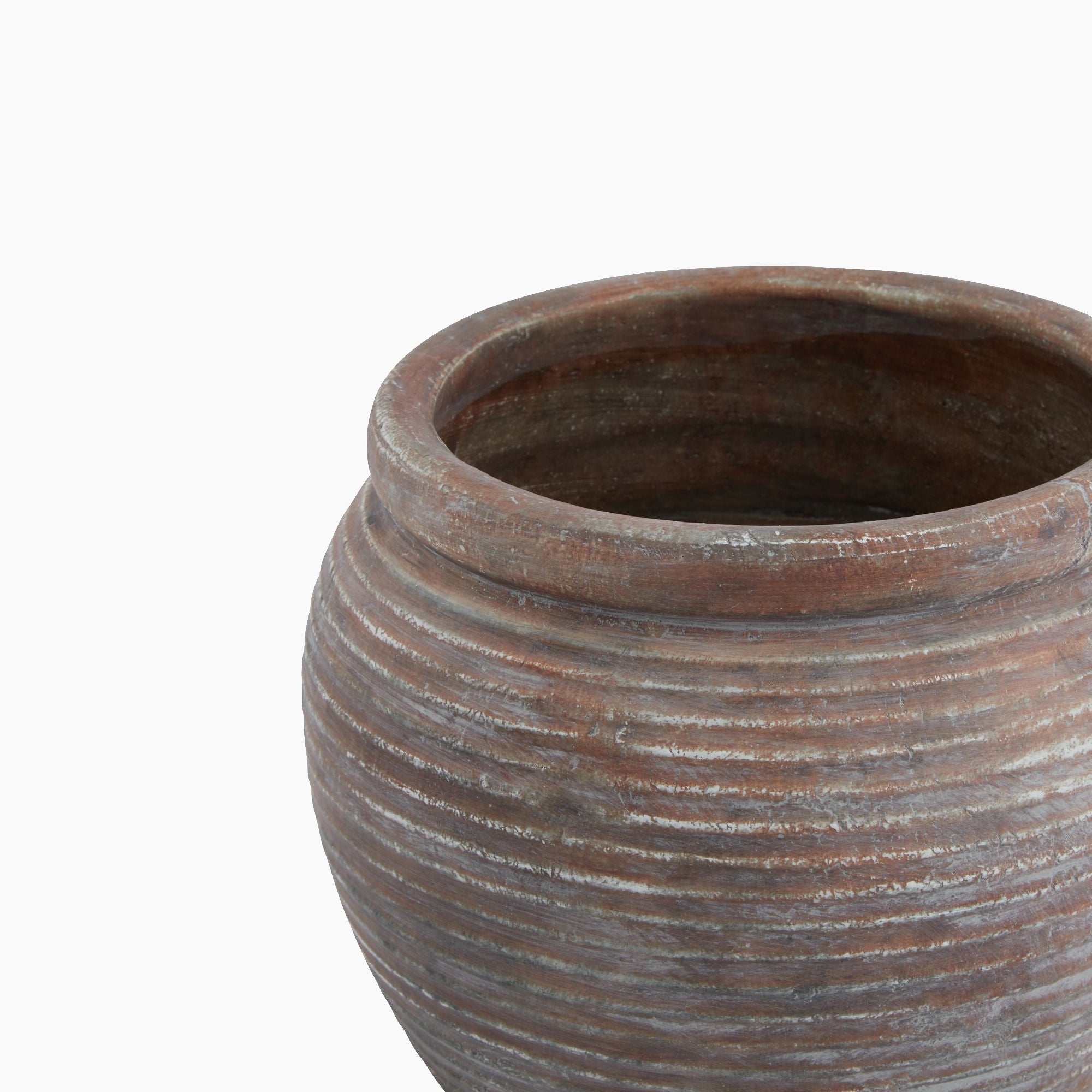 Top-down view of the Lowther Ribbed Stoneware Plant Pot – Wide Rim, highlighting its circular mouth, internal depth, and softly tapering rim.
