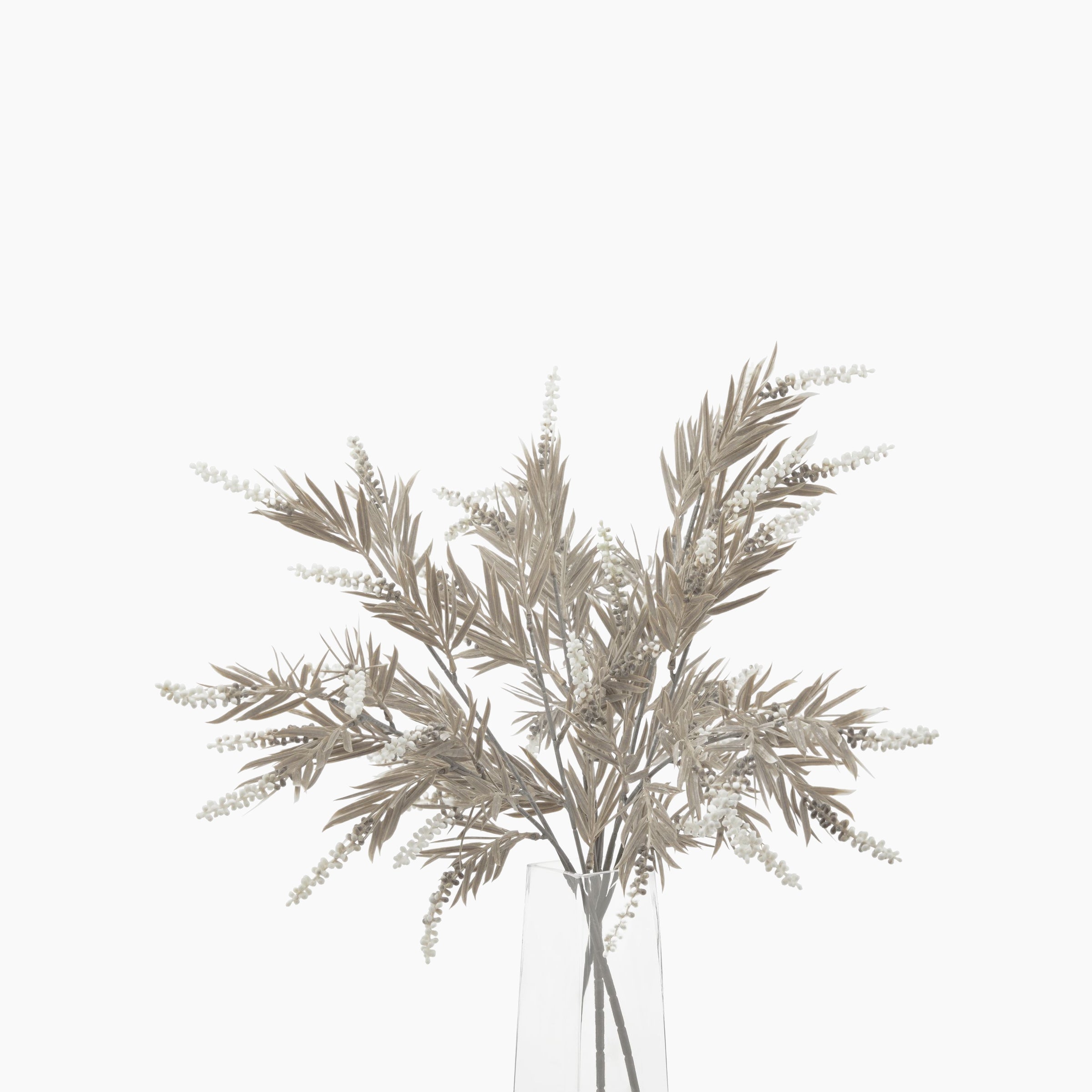 Front view of taupe ivory faux branch, lifelike artificial foliage with matte finish for tall vases and neutral interiors