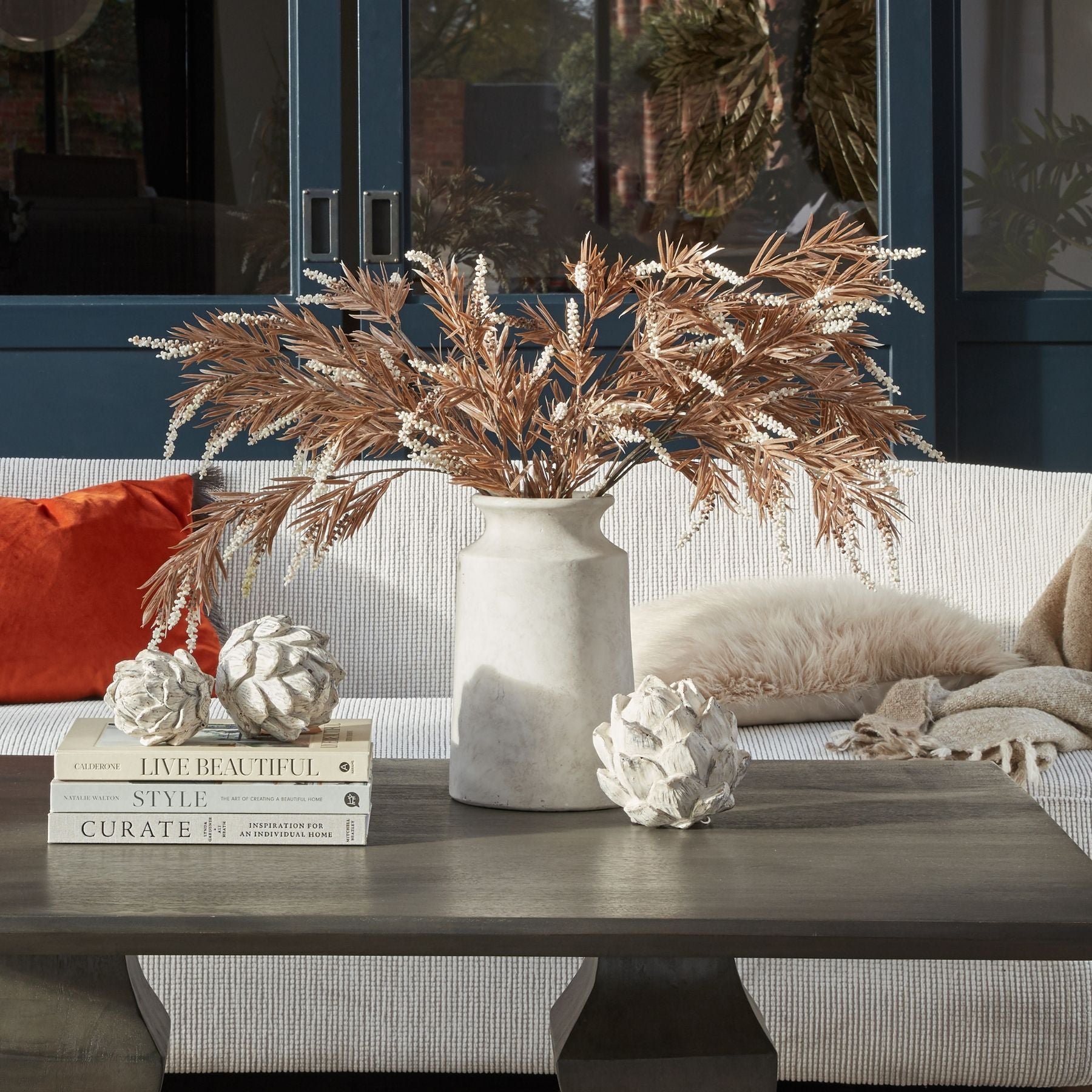 Taupe ivory faux branch styled in a tall vase, artificial foliage accent for Scandinavian and eco-brutalist interiors