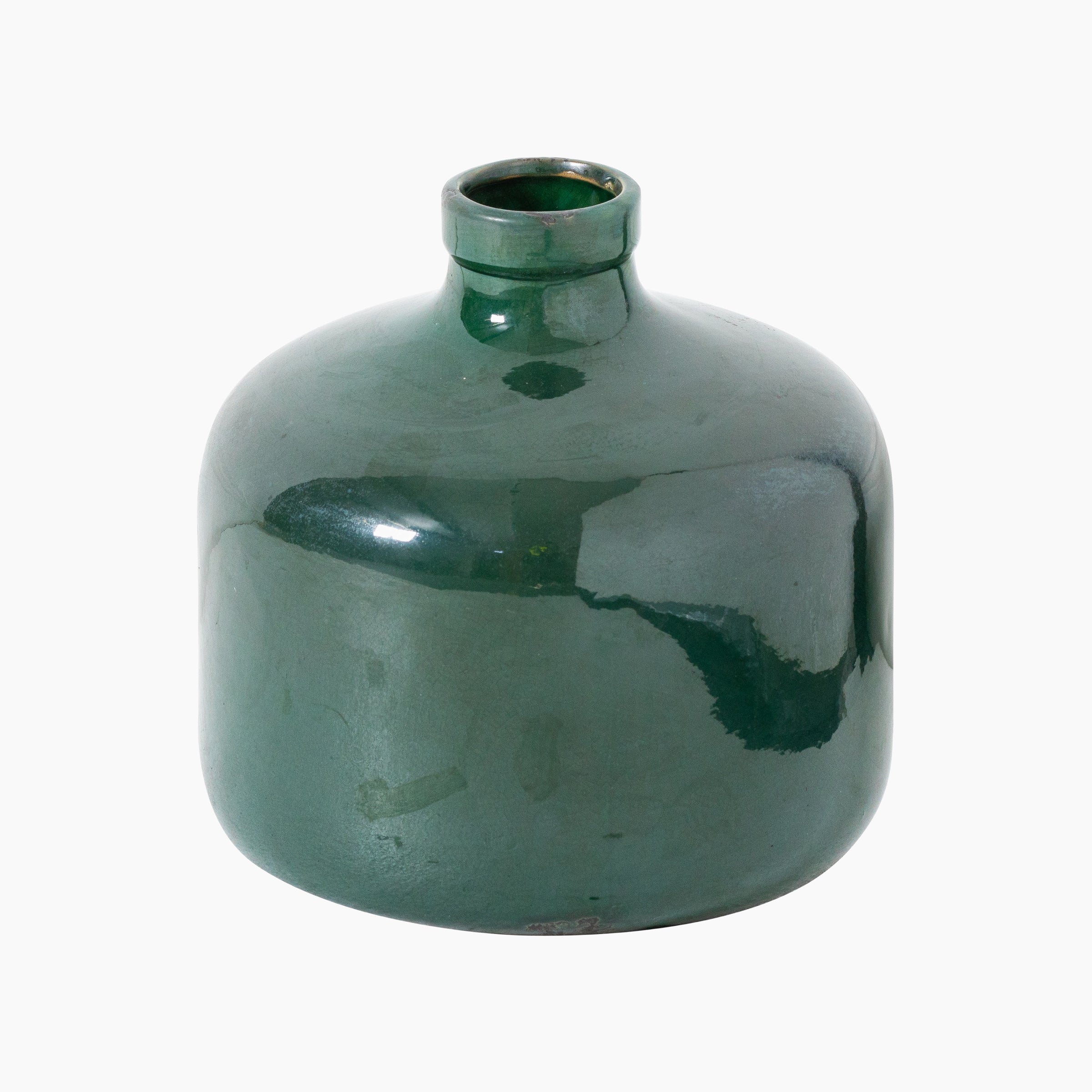 Front view of the Whitford Emerald Ceramic Vase with rounded bottle form and crackle glazed teal finish
